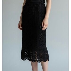 Nine West Black Crochet Midi Skirt Size XS Ramie Cotton Scalloped Boho Skirts